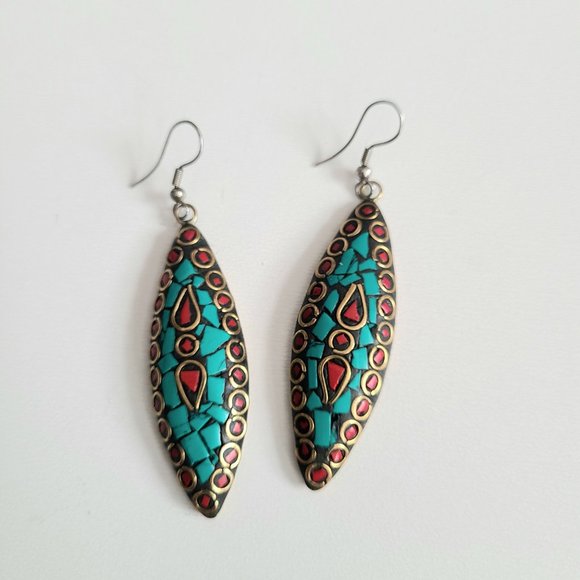 large mosaic earrings Jewelry - Large Tibetan mosaic brass dangling earring with Turquoise and Coral.